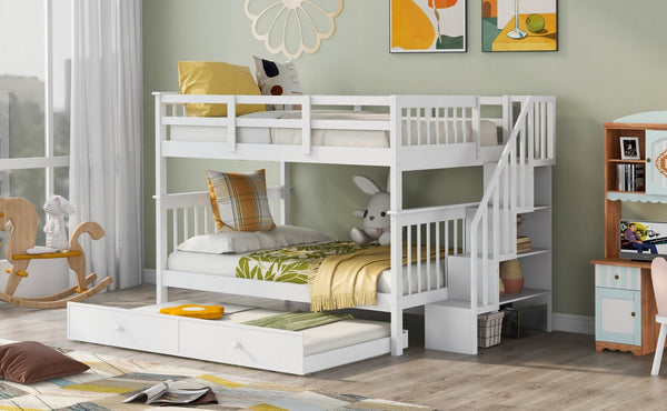 English Elm Stairway Full Over Bunk Bed with Trundle Stair Shelving and Kids Storage White LT100210AAK