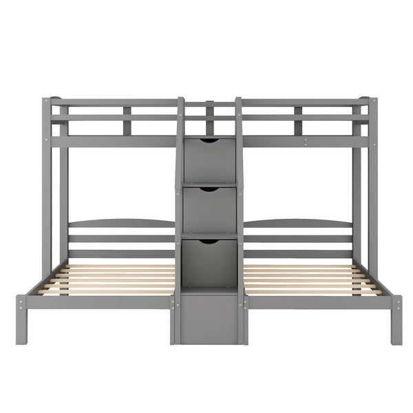 English Elm Twin Triple Bunk Bed with Built-In Staircase, Drawer Storage & 3 Twin Frames Gray – Space-Saving Solution GX000309AAE