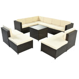 Hearth and Haven 9 Piece Outdoor Rattan Sectional Seating Set with Cushions and Ottoman, Beige