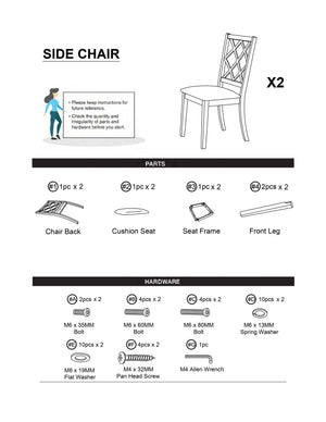 English Elm Antique Criss-Cross Back Solid Wood Side Chairs Set of 2 — Antique White Frame, Gray Cushioned Seats, Transitional Design HS11CM3491SC-ID-AHD
