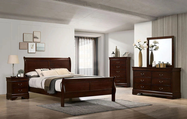 English Elm Queen Sleigh Bed Solid Wood Queen Size Sleigh Bed with Dovetail Construction and Bracket Feet, Elegant Finish Cherry 27 L x 63 W x 6 H B011S02027