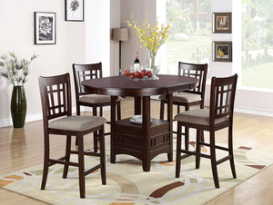 English Elm Contemporary Counter Height 5pc Dining Set Round Table with 18" Leaf & 4 Upholstered Side Chairs, Dark Rosy Brown Finish B011S00297
