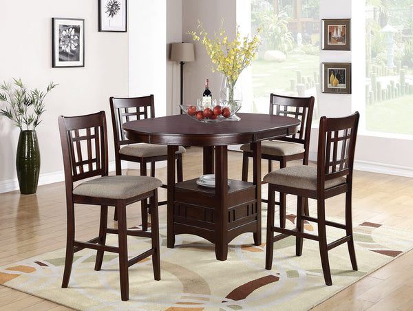 English Elm Contemporary Counter Height 5pc Dining Set Round Table with 18" Leaf & 4 Upholstered Side Chairs, Dark Rosy Brown Finish B011S00297