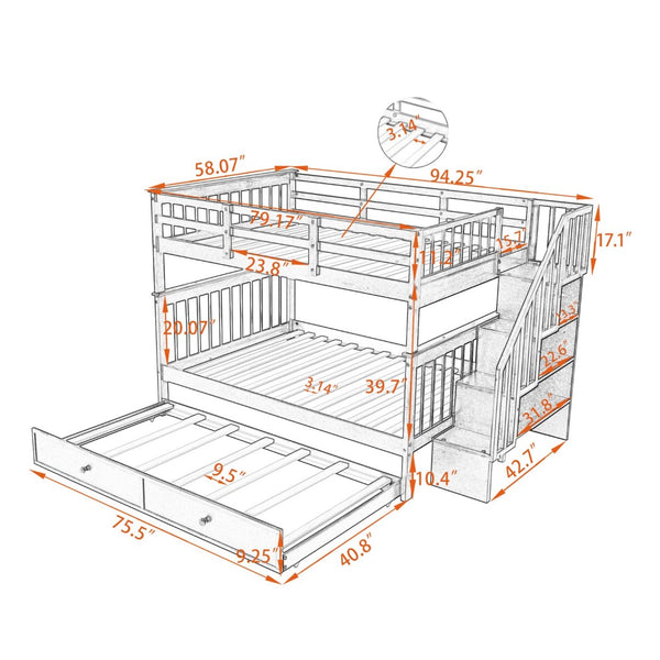 English Elm Stairway Full Over Bunk Bed with Trundle Stair Shelving and Kids Storage White LT100210AAK