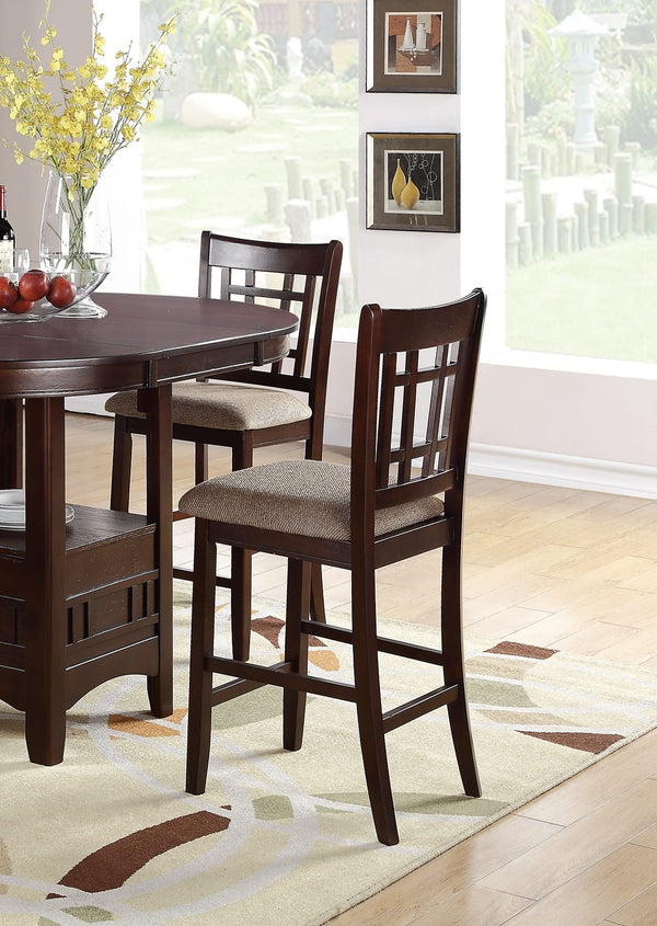 English Elm Contemporary Counter Height 5pc Dining Set Round Table with 18" Leaf & 4 Upholstered Side Chairs, Dark Rosy Brown Finish B011S00297