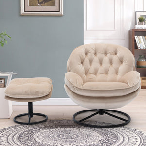 English Elm Accent Chair With Ottoman - Stylish Beige Velvet Swivel Seat For Living Room, Reading Nook & More! W676P232273