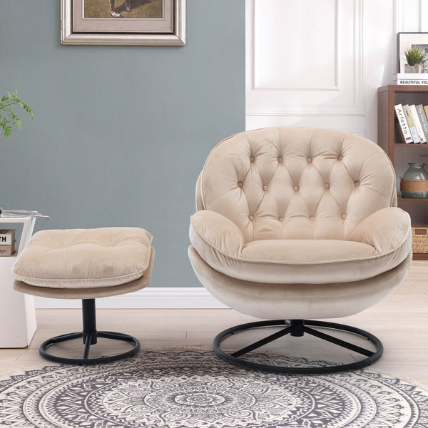 English Elm Accent Chair With Ottoman - Stylish Beige Velvet Swivel Seat For Living Room, Reading Nook & More! W676P232273