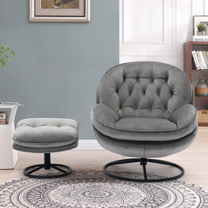 English Elm Accent Chair With Ottoman - Stylish Grey Velvet Swivel Seat For Living Room, Reading Nook & Tv Use W676P232257