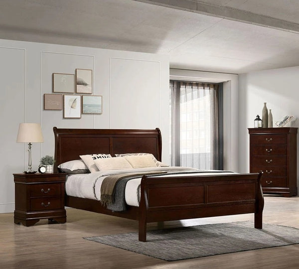English Elm Queen Sleigh Bed with Elegant Transitional Design, Solid Wood Veneer Construction, Dovetail Craftsmanship and Spacious Foundation Support for Master Bedroom Comfort Cherry 82 L x 6.6 W x 3 H B011S00102