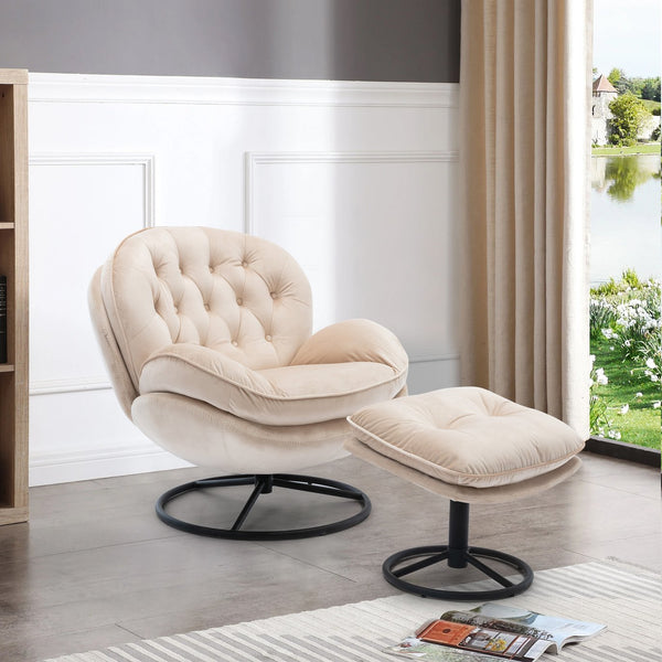 English Elm Accent Chair With Ottoman - Stylish Beige Velvet Swivel Seat For Living Room, Reading Nook & More! W676P232273