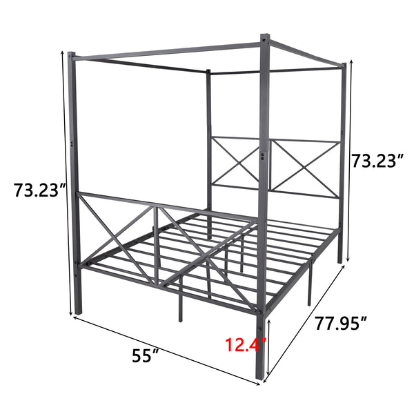 English Elm Metal Vintage Canopy Bed Frame Platform with X-Frame Design, Black Metal Headboard, Sturdy 600lb Capacity W84041891