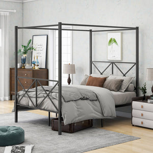 English Elm Metal Vintage Canopy Bed Frame Platform with X-Frame Design, Black Metal Headboard, Sturdy 600lb Capacity W84041891