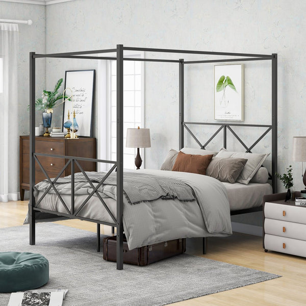 English Elm Metal Vintage Canopy Bed Frame Platform with X-Frame Design, Black Metal Headboard, Sturdy 600lb Capacity W84041891