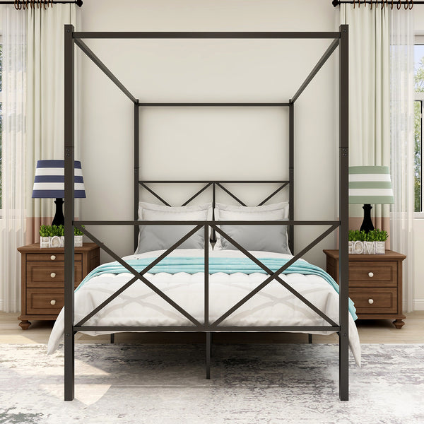 English Elm Metal Vintage Canopy Bed Frame Platform with X-Frame Design, Black Metal Headboard, Sturdy 600lb Capacity W84041891