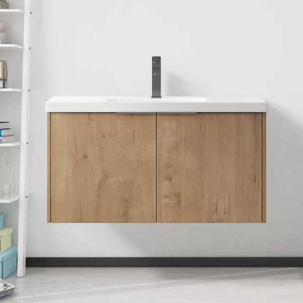 English Elm Modern 36-Inch Floating Bathroom Vanity with Resin Sink, Soft-Close Doors, Open Shelf, Eco Plywood Cabinetry W99950716