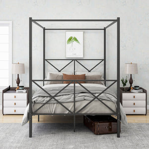 English Elm Metal Vintage Canopy Bed Frame Platform with X-Frame Design, Black Metal Headboard, Sturdy 600lb Capacity W84041891