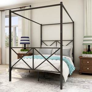 English Elm Metal Vintage Canopy Bed Frame Platform with X-Frame Design, Black Metal Headboard, Sturdy 600lb Capacity W84041891
