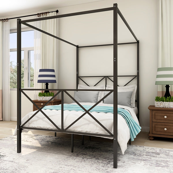 English Elm Metal Vintage Canopy Bed Frame Platform with X-Frame Design, Black Metal Headboard, Sturdy 600lb Capacity W84041891