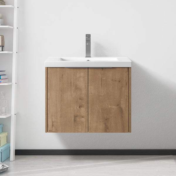 English Elm Bathroom Floating Vanity 24" with Resin Sink, Soft-Close Doors, Wall-Mount Design, Spacious Storage W99950714