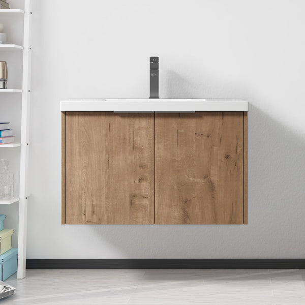 English Elm Soft Close 30" Bathroom Vanity with Resin Sink and Open Shelf, Soft-Close Doors, Metal Handles, KD Packaging W99950715