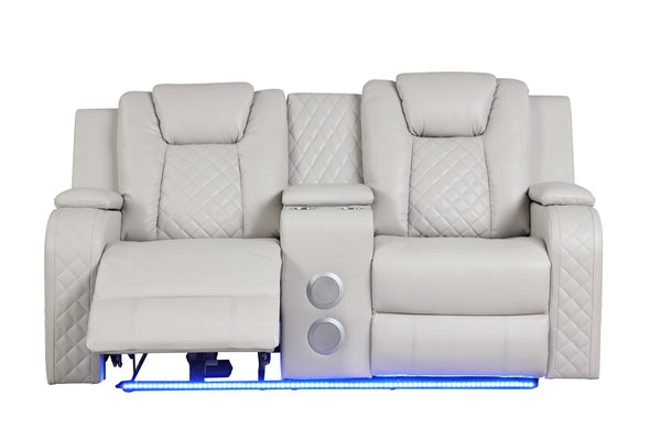 English Elm BENZ Power Reclining Loveseat Faux Leather Ice with LED Base, USB, Bluetooth, Wireless Charge, Console 659436352759