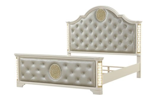 English Elm Jasmine King Tufted Upholstered LED Bed in Champagne Beige with Crystal Buttons & Geometric Trim 659436062214