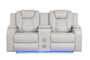 English Elm BENZ Power Reclining Loveseat Faux Leather Ice with LED Base, USB, Bluetooth, Wireless Charge, Console 659436352759
