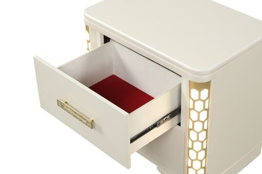 English Elm Jasmine Elegant 2-Drawer Nightstand with Corner LED Lights, Gold Pulls, Beige Wood Finish, 18x27x26.5" G150109065