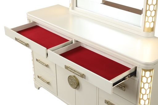 English Elm Jasmine 8-Drawer Dresser with Corner LED Lights, Gold Pulls, Beige Wood Finish for Elegant Storage G150109063