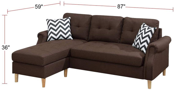 English Elm Living Small Space Reversible Chaise Sectional Sofa with Tufted Linen-Like Upholstery and Rolled Arms Coffee 23 L x 34 W x 87 H HS00F6457-ID-AHD