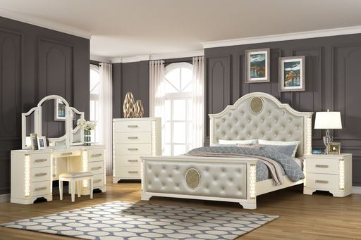 English Elm JASMINE King 5-Pc LED Vanity Bedroom Set with Champagne Tufted Headboard, Gold Accents & Storage B009S01987