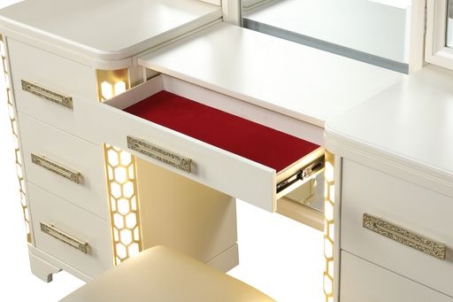 English Elm JASMINE 7-Drawer Vanity Set in Beige with LED Corner Lights, Gold Pulls, Spacious Storage, Elegant 659436068223