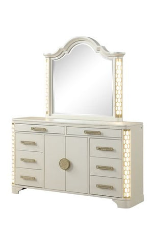English Elm JASMINE Queen 5 Pc LED Bedroom Set with Champagne Tufted Headboard, Gold Accents & Ample Storage B009S01990