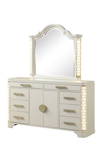 English Elm Jasmine 8-Drawer Dresser with Corner LED Lights, Gold Pulls, Spacious Storage, Beige Wood Elegance 659436058361