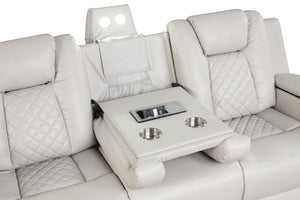 English Elm BENZ LED Power Reclining Sofa in Ice Faux Leather with Adjustable Headrests, Cupholders & Lights 659436286627