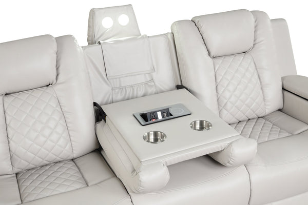 English Elm BENZ LED Power Reclining Sofa in Ice Faux Leather with Adjustable Headrests, Cupholders & Lights 659436286627