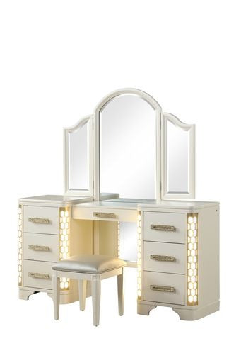 English Elm JASMINE King 5-Pc LED Vanity Bedroom Set with Champagne Tufted Headboard, Gold Accents & Storage B009S01987