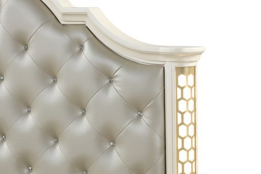 English Elm Jasmine King Tufted Upholstered LED Bed in Champagne Beige with Crystal Buttons & Geometric Trim 659436062214