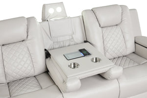 English Elm BENZ LED Power Reclining Sofa in Ice Faux Leather with Adjustable Headrests, Cupholders & Lights 659436286627