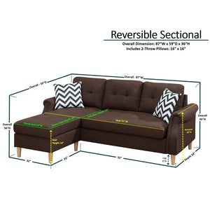 English Elm Living Small Space Reversible Chaise Sectional Sofa with Tufted Linen-Like Upholstery and Rolled Arms Coffee 23 L x 34 W x 87 H HS00F6457-ID-AHD