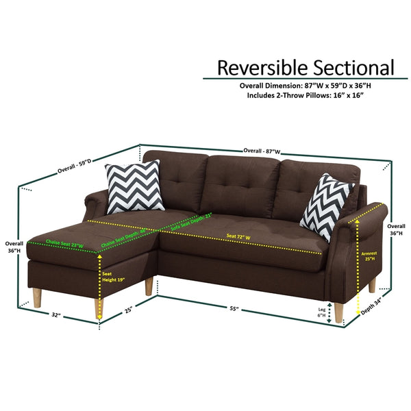English Elm Living Small Space Reversible Chaise Sectional Sofa with Tufted Linen-Like Upholstery and Rolled Arms Coffee 23 L x 34 W x 87 H HS00F6457-ID-AHD