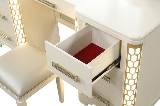English Elm JASMINE 7-Drawer Vanity Set in Beige with LED Corner Lights, Gold Pulls, Spacious Storage, Elegant 659436068223