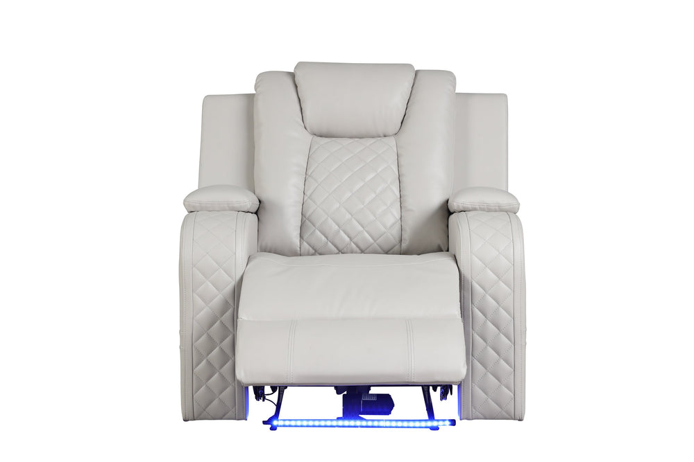 English Elm BENZ Power Recliner Chair Faux Leather Ice with LED Lights, Bluetooth Speaker, Console & One-Touch Adjustable Headrest G150109061