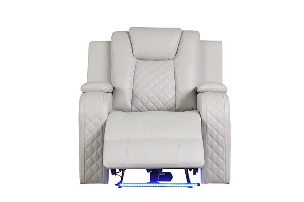 English Elm BENZ Power Recliner Chair Faux Leather Ice with LED Lights, Bluetooth Speaker, Console & One-Touch Adjustable Headrest G150109061