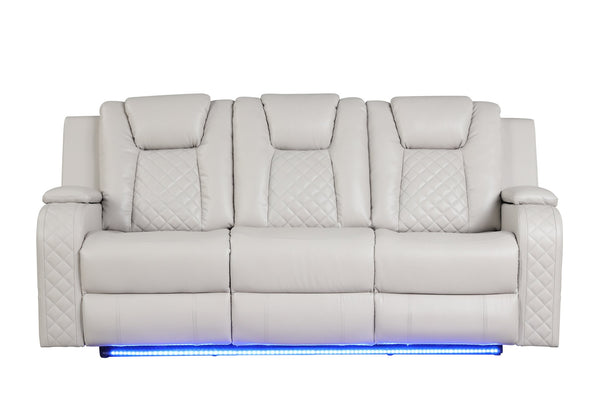 English Elm BENZ LED Power Reclining Sofa in Ice Faux Leather with Adjustable Headrests, Cupholders & Lights 659436286627