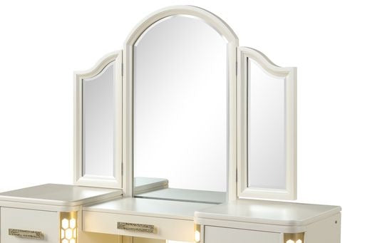 English Elm JASMINE 7-Drawer Vanity Set in Beige with LED Corner Lights, Gold Pulls, Spacious Storage, Elegant 659436068223