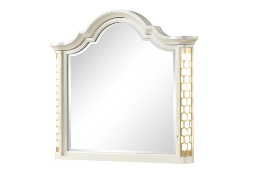 English Elm Jasmine Ornate Wall Mirror with Side LED and Gold Accents, Beige Wood Frame, European Luxury Design G150109064