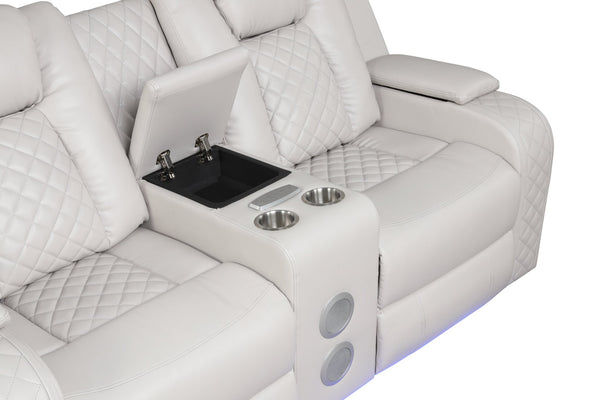 English Elm BENZ Power Reclining Loveseat Faux Leather Ice with LED Base, USB, Bluetooth, Wireless Charge, Console 659436352759