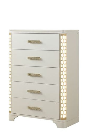 English Elm Jasmine 5-Drawer Chest with LED Side Lighting, Beige Wood Finish, Gold Pulls, Timeless Luxury Storage G150109062