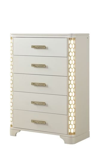 English Elm Jasmine 5-Drawer Chest with Built-In Side LED Lighting, Gold Accents, Solid & Manufactured Wood Elegance 659436285736